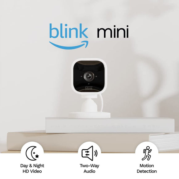 Blink Mini | Indoor plug-in pet security camera, 1080p HD day and night video, motion detection, two-way audio, easy setup, Alexa enabled, Blink Subscription Plan Free Trial — 2 cameras (White)