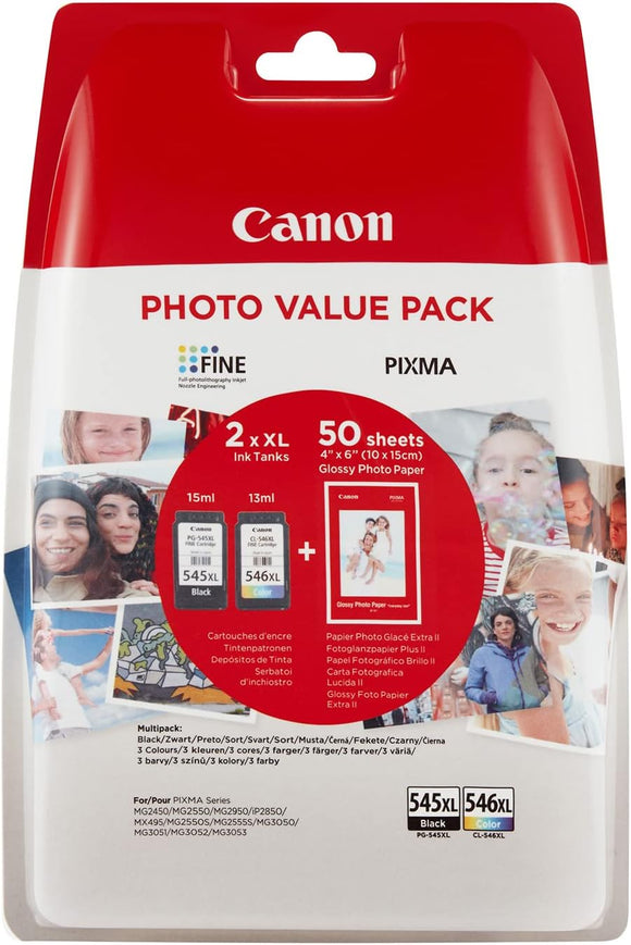 Canon Genuine Ink Cartridges PG-545XL/C-546 XL + Photo Paper Value Pack For Selected T, TR, IP, MX and MG Series, Black/Yellow/Magenta/Cyan,2421U95