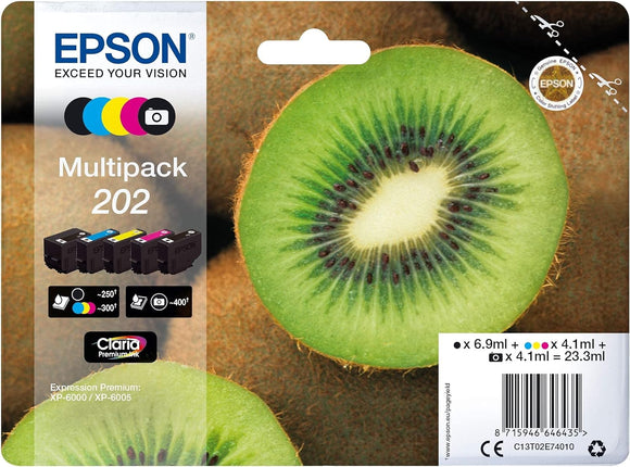 Epson 202 Kiwi Genuine Multipack, 5-colours Ink Cartridges, Claria Premium Ink, Black/Yellow/Magenta/Cyan, Standard Capacity  C13T02E74010