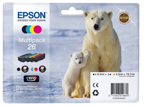 Epson 26 Polar Bear Genuine Multipack, 4-colours Claria Premium Ink Cartridges, Amazon Dash Replenishment Ready