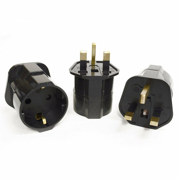 3 x Travel Adapter Europe Black Schuko to UK English 2 to 3 pin mains plug 13A