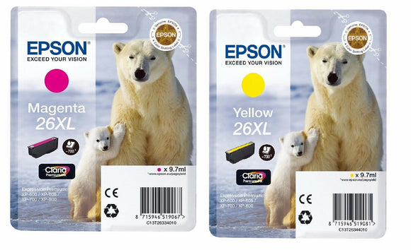 TWIN Epson 26XL T2633 Magenta & T2634 Yellow Polar Bear Ink Cartridges Pink 26 X