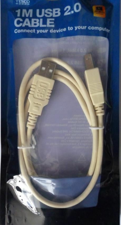 Tesco 1 Metre USB 2.0 Printer Cable A - B Lead Flat to Square - Beige Computer