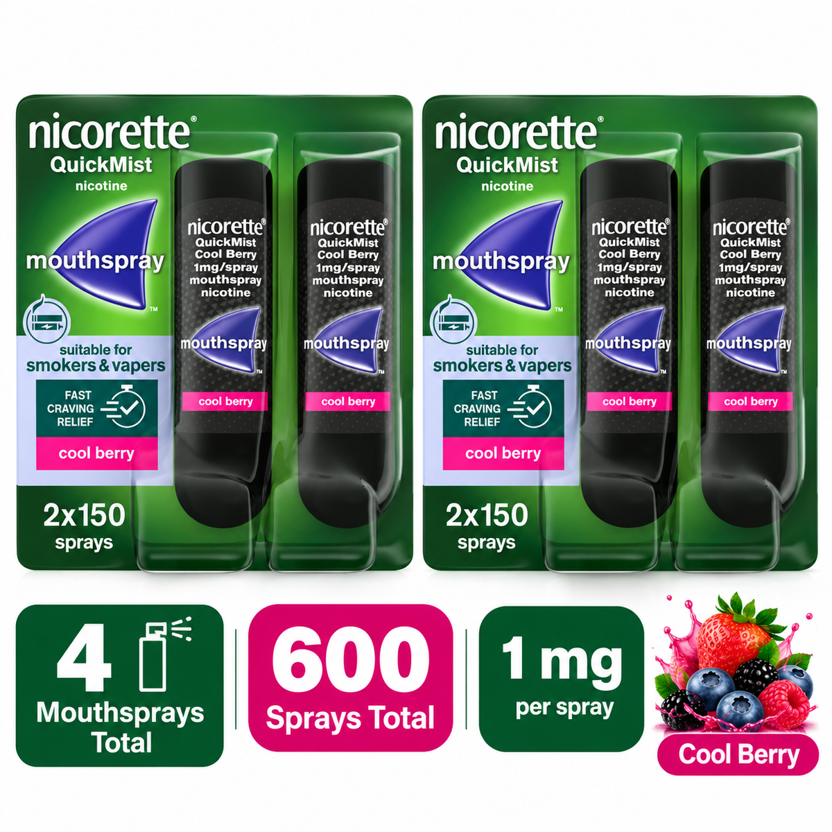 Nicorette 8 Week Bundle: Nicorette QuickMist Cool Berry 1mg/spray Mouthspray 4 x 150 =600 Sprays