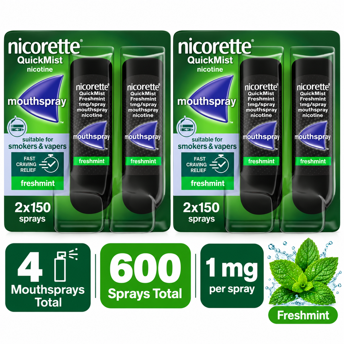 Nicorette 8 Week Bundle: QuickMist Freshmint 1mg/spray Mouthspray 4 x 150 =600 Sprays