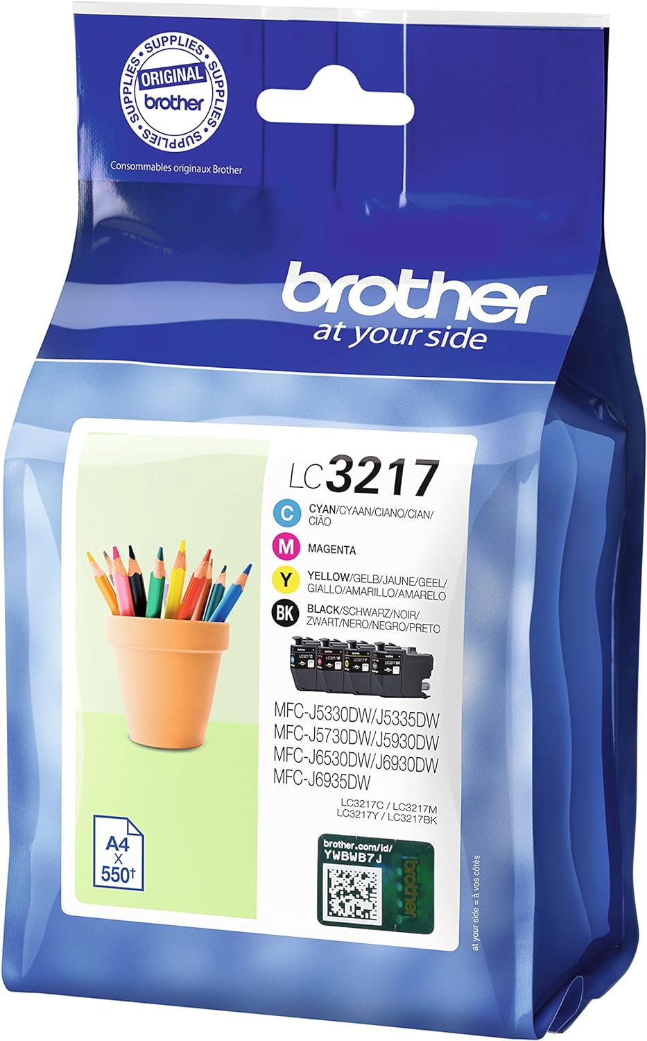 Brother LC-3217BK/LC-3217C/LC-3217M/LC-3217Y Inkjet Cartridges, Black/Cyan/Magenta/Yellow, Multi-Pack, Standard Yield, Includes 4 x Inkjet Cartridges, Brother Genuine Supplies