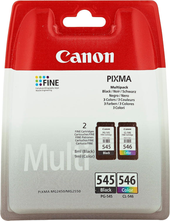 CANON PG-545 / CL-546 Ink Black and Colour Standard Capacity Black 180 SS Colour, Pack of 2 Blister without Alarm