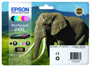 EPSON C13T24384010 Elephant 24XL (RF/AM) High Capacity 6 Colour Multipack Ink Cartridge (Black Cyan Magenta Yellow Light Cyan Light Magenta) for Expression Photo: XP-750 / XP-850 T2438