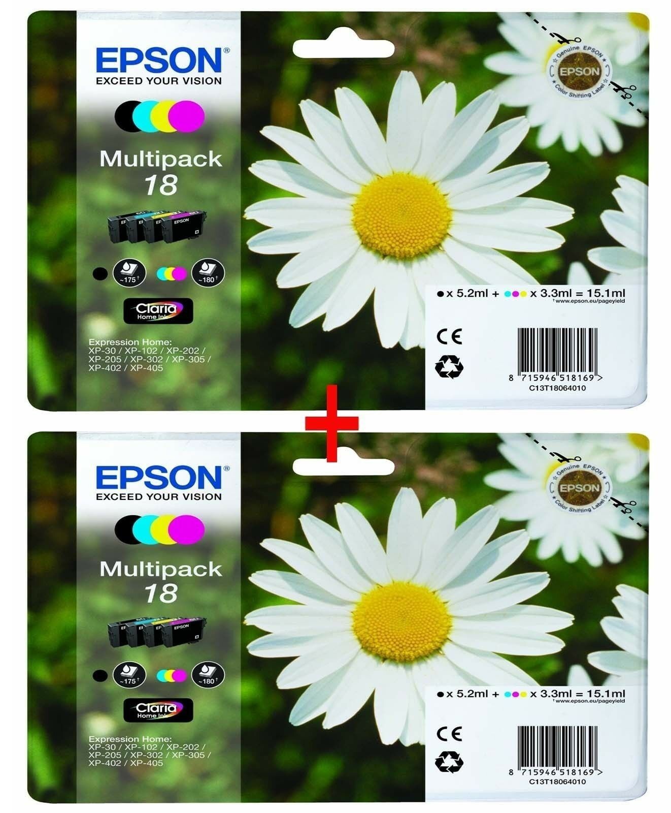 2 Epson 18 Sets Original Claria Multipack 8 Black & colours Inks XP-202 215 XP