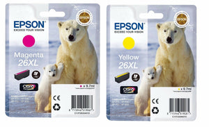 TWIN Epson 26XL T2633 Magenta & T2634 Yellow Polar Bear Ink Cartridges Pink 26 X