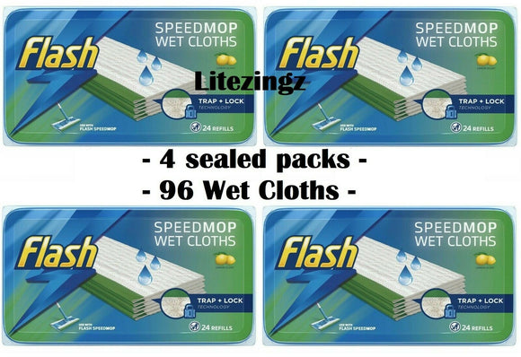 4 Packs Flash Speedmop WET CLOTHS - 96 Refills Lemon - Speed Mop Refill