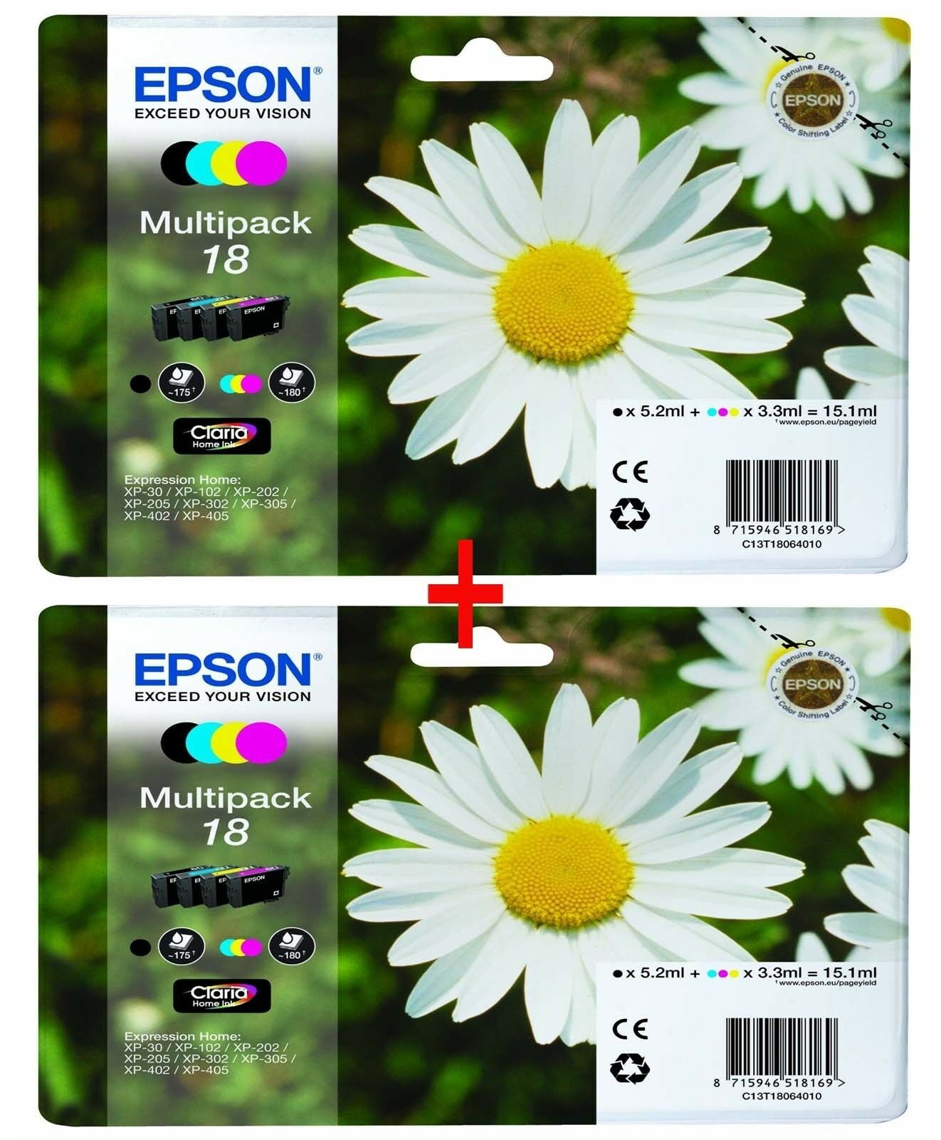 2 Epson 18 Sets Original Claria Multipack 8 Black & colours Inks XP-312 XP-315