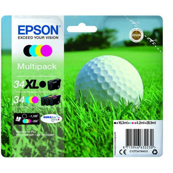 Epson 34XL K, 34 CMY Golf Ball Ink Cartridge C13T34794010 WF-3725DWF 3720 WF NEW