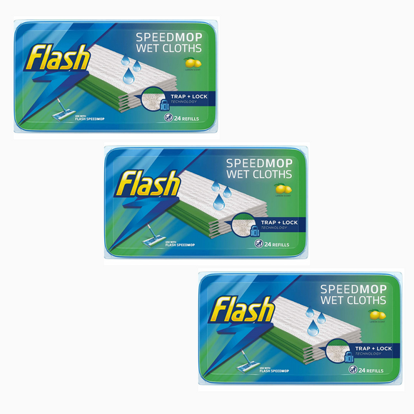 3 Packs Flash Speedmop 72 WET CLOTHS - (3x24) Refills Lemon - Speed Mop Refill