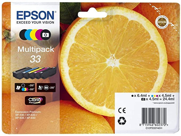 EPSON 33 Claria Oranges Premium Photo Ink Cartridged, Black/Cyan/Magenta/Yellow