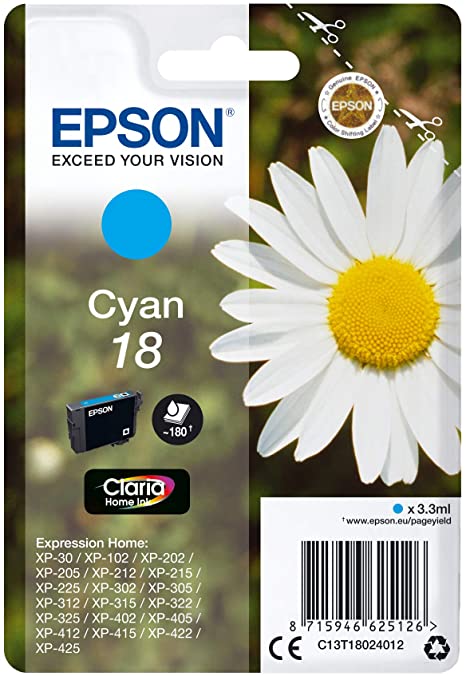 Epson 18 Cyan Inkjet Cartridge C13T18024012 For use with Expression Home XP-30/102/202/205/212/215/225/302/305